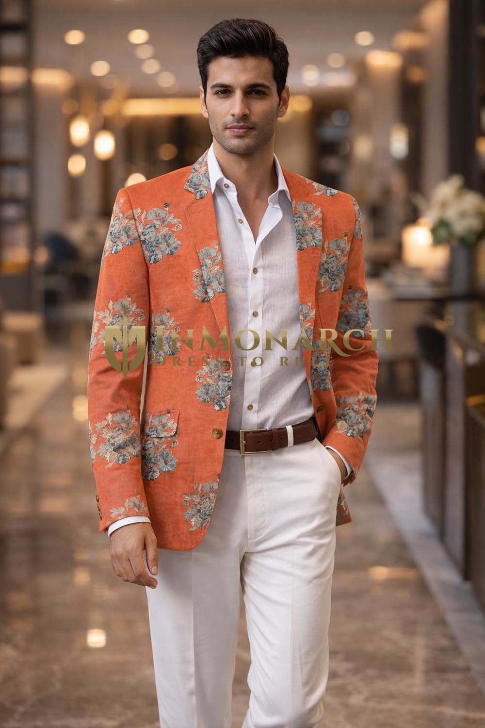 Mens Red Floral Embroidered Slim Fit Party Blazer Jacket