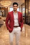 Mens Red Embroidered Slim Fit Blazer 1 Pc Shawl Collar Evening Jacket