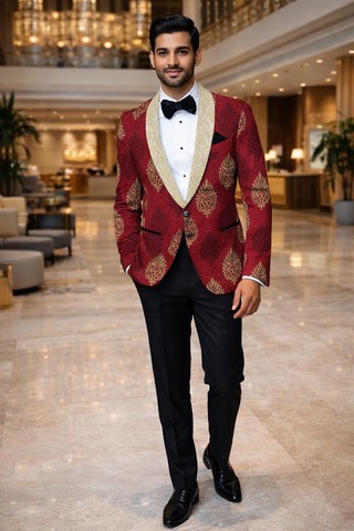 Blazer rouge cramoisi grand motif floral col châle 2 boutons