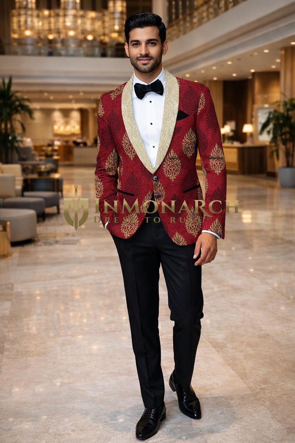 Mens Crimson Red Floral Slim Fit Tuxedo Suit 2 Pc Shawl Lapel Evening Wear