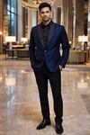 Mens Black Blue Slim Fit Tuxedo Suit 2 Pc Shawl Lapel Designer Evening Wear
