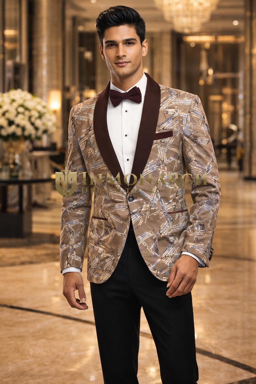 Mens Drab Olive Printed Slim Fit Blazer 1 Pc Shawl Lapel Party Jacket