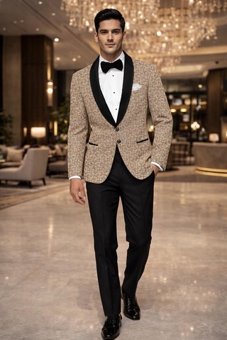 Blazer beige imprimé col satin soirée