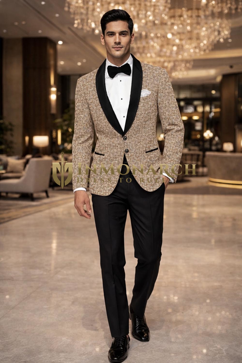 Mens Beige Printed Slim Fit Tuxedo Suit 2 Pc Shawl Lapel Party Wear