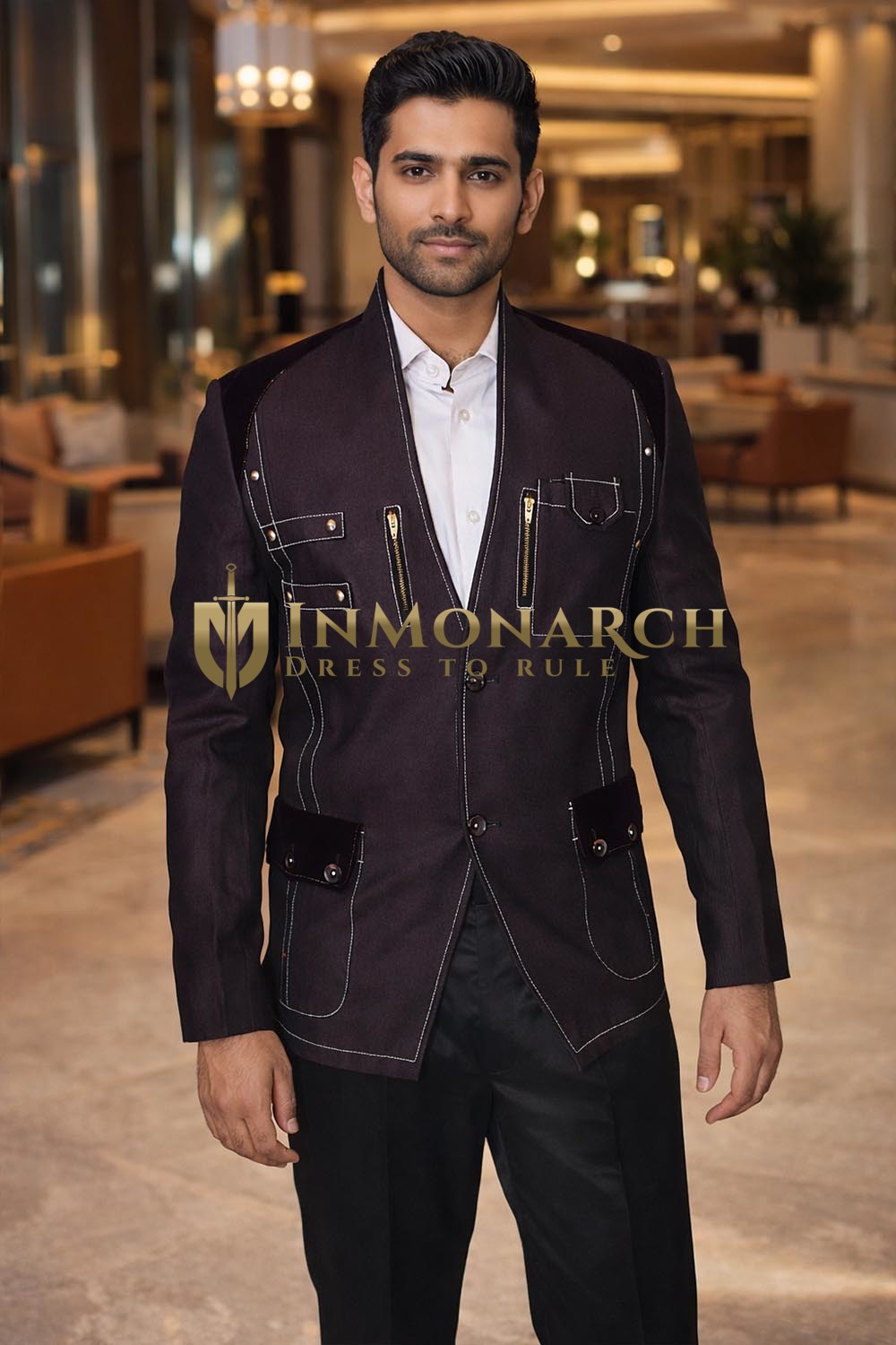 Weinroter Leinen Blazer hoher Kragen