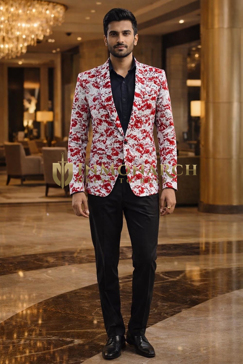 Mens White Red Floral Slim Fit Blazer 1 Pc Notch Lapel Party Jacket