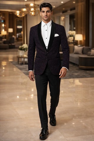 Blazer violet vin motif floral cintré col châle
