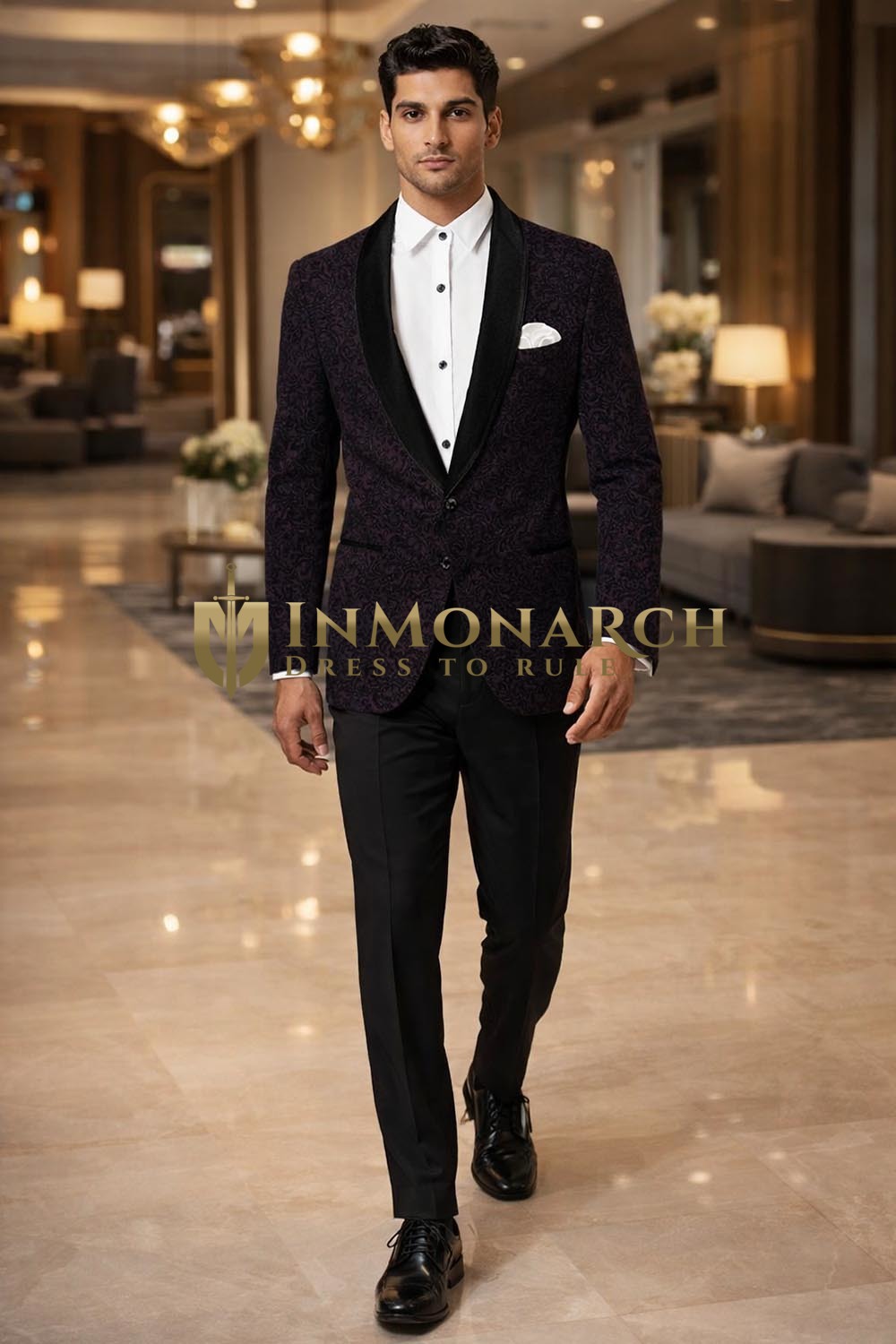Mens Purple Wine Velvet Slim Fit Tuxedo Suit 2 Pc Shawl Collar Evening Wear