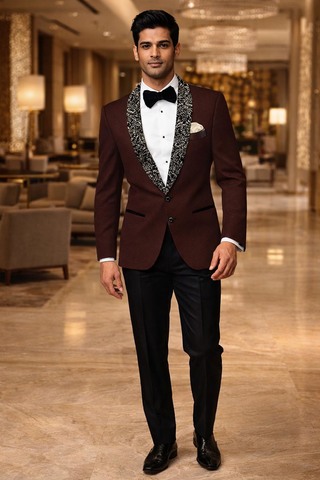 Blazer marron imprimé col châle noir
