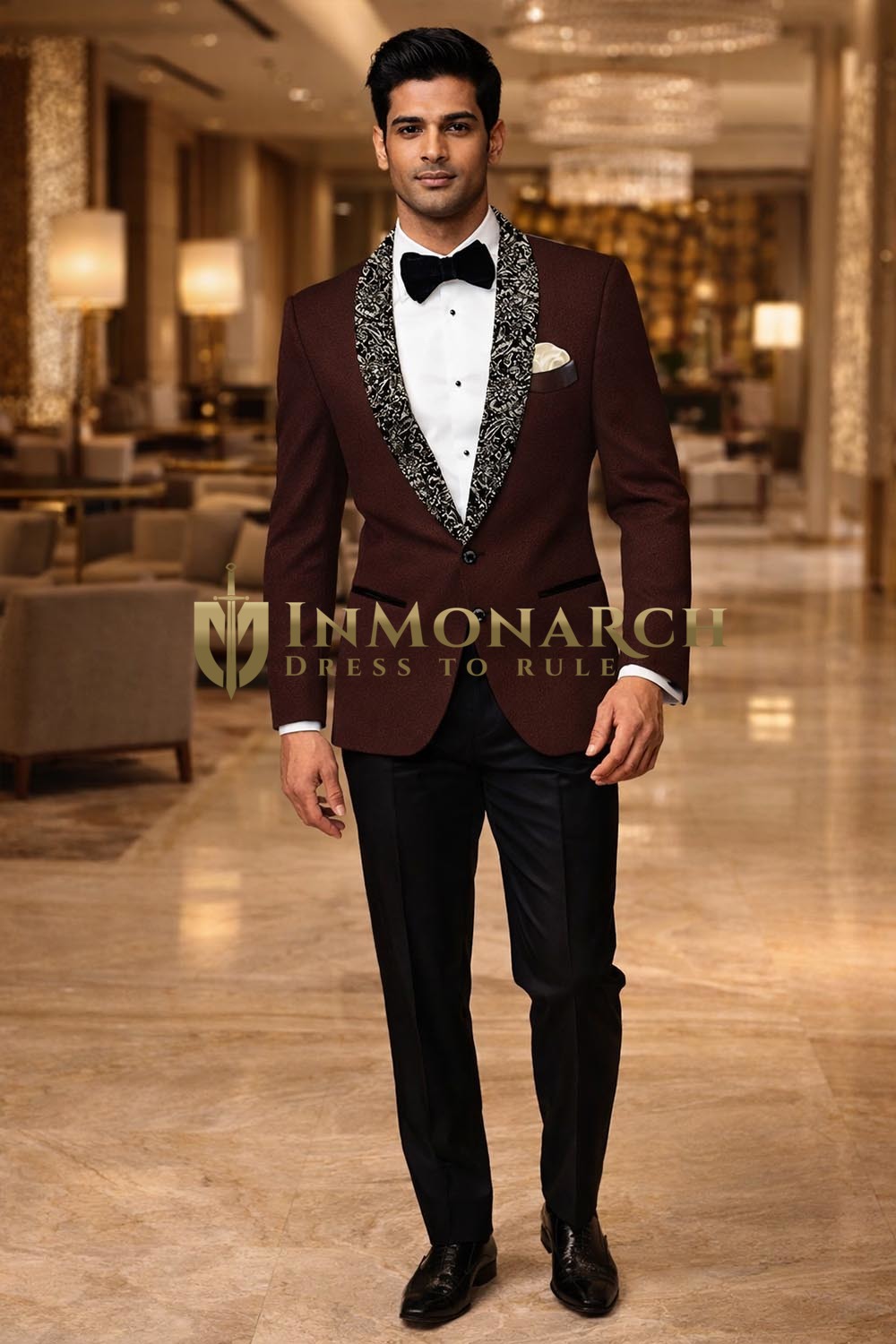 Blazer marron imprimé col châle noir