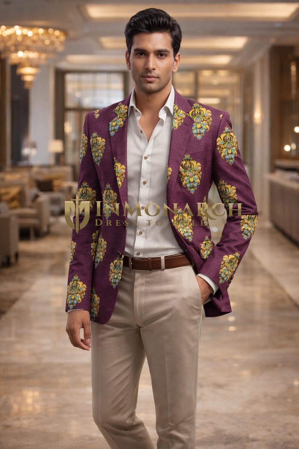 Mens Purple Wine Embroidered Slim Fit Blazer 1 Pc Shawl Collar Jacket