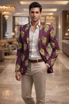 Mens Purple Wine Embroidered Slim Fit Blazer 1 Pc Shawl Collar Jacket