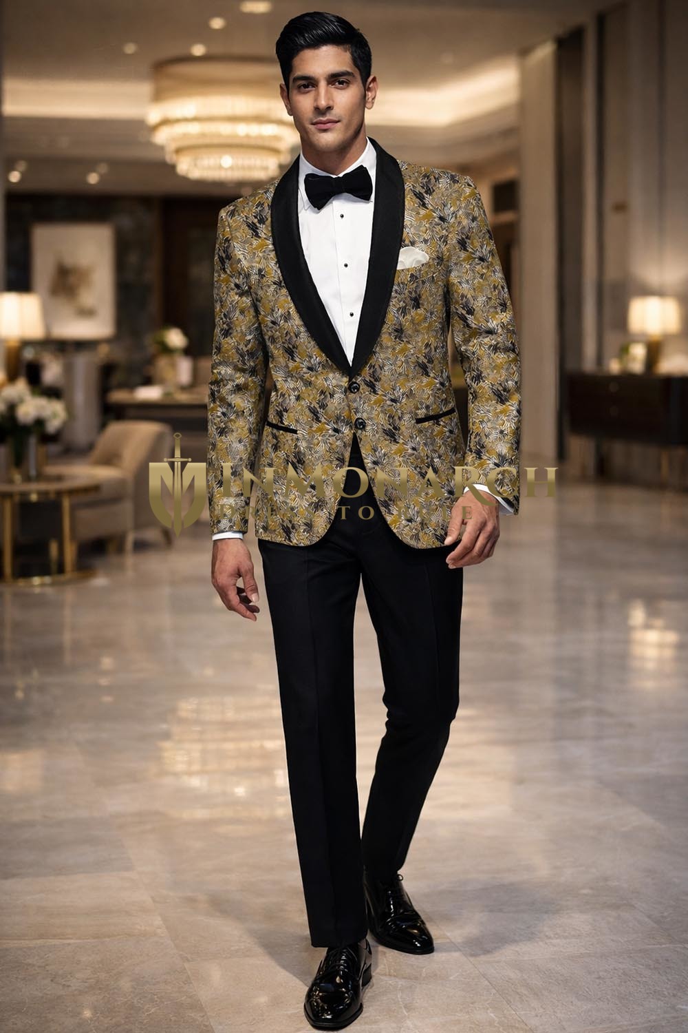 Mens Golden Printed Slim Fit Tuxedo Suit 2 Pc Satin Shawl Lapel