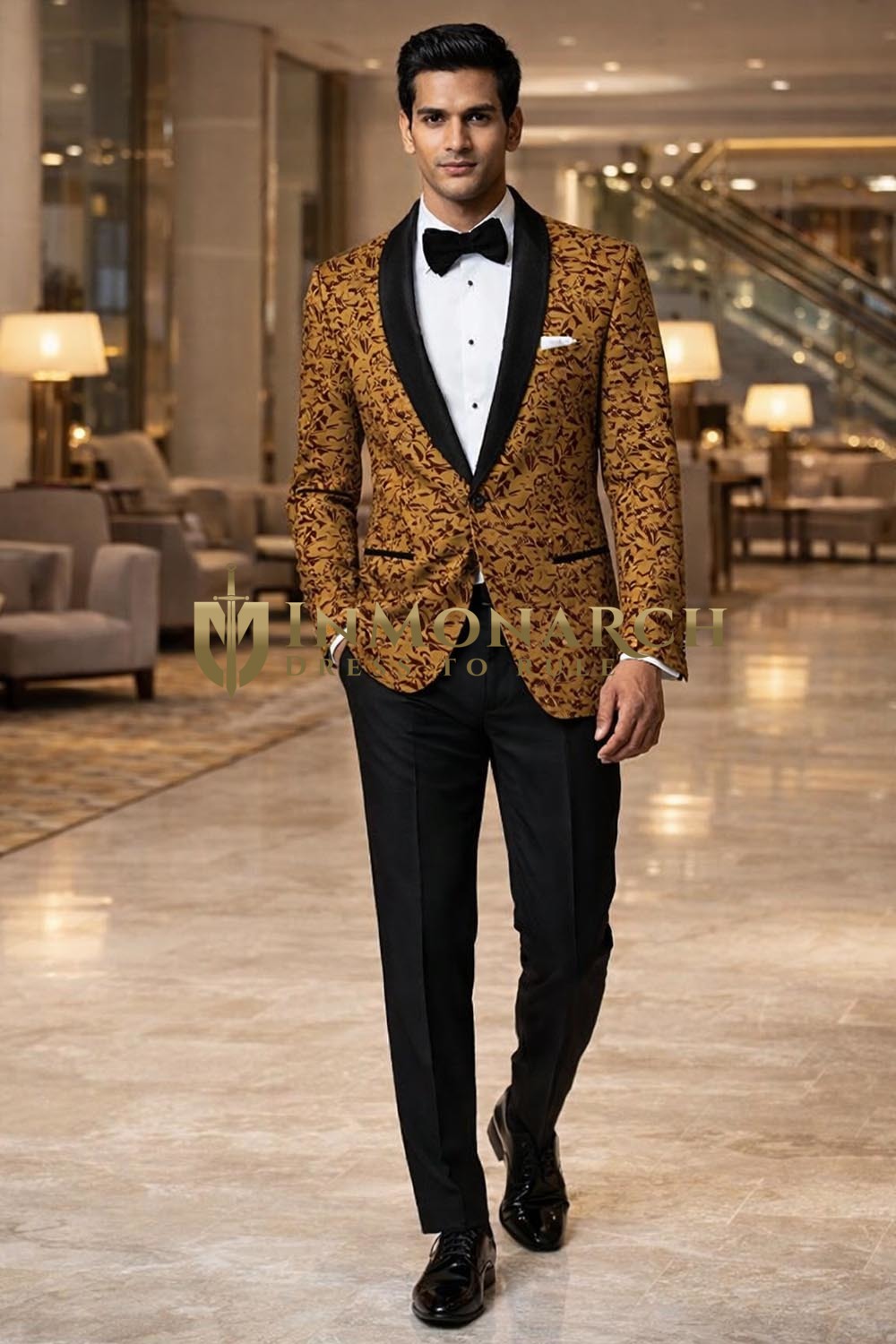 Blazer amarillo boda india estampado marrón