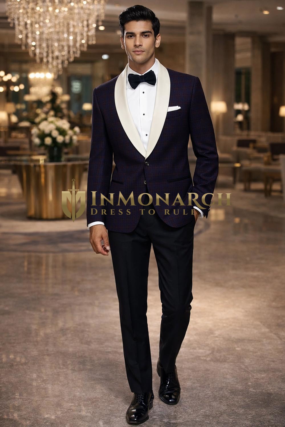 Mens Regency Checks Slim Fit Tuxedo Suit 2 Pc Satin Shawl Lapel
