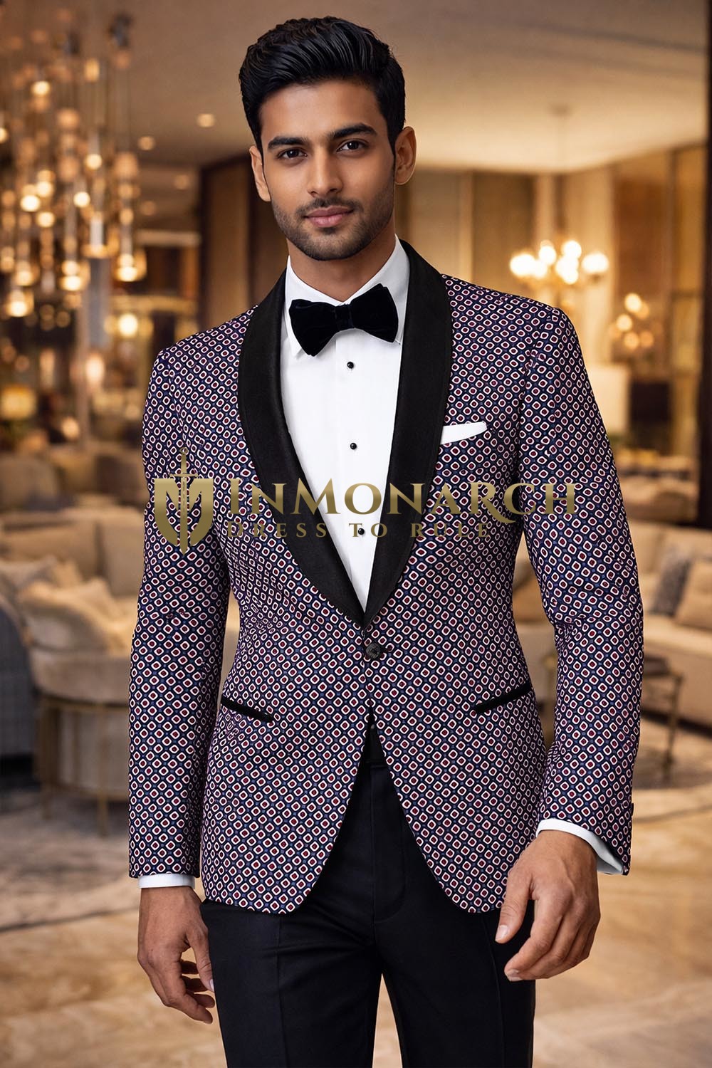 Mens Navy White Red Printed Slim Fit Blazer 1 Pc Satin Shawl Lapel