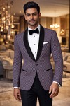 Mens Navy White Red Printed Slim Fit Blazer 1 Pc Satin Shawl Lapel