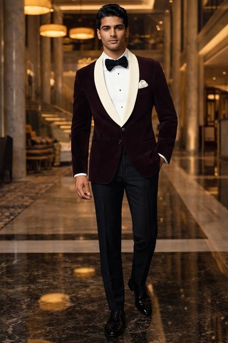 Blazer prune col châle satin crème 2 boutons