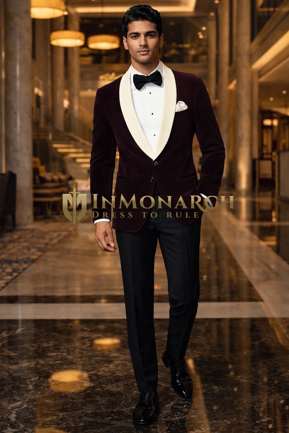 Mens Purple Wine Velvet Slim Fit Tuxedo Suit 2 Pc Cream Satin Shawl Lapel
