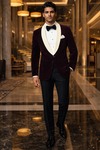 Mens Purple Wine Velvet Slim Fit Tuxedo Suit 2 Pc Cream Satin Shawl Lapel