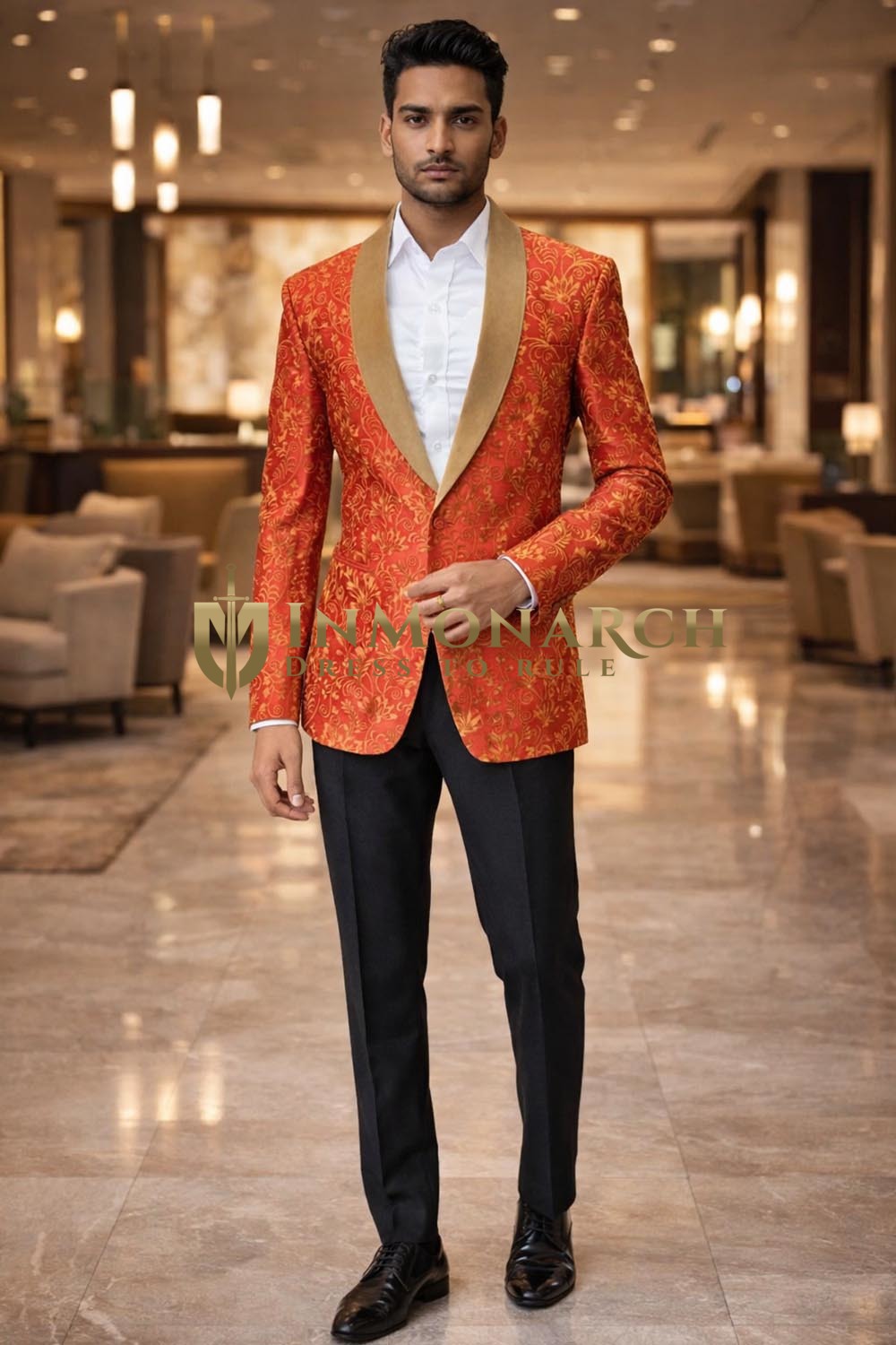 Mens Red Embroidered Slim Fit Blazer 1 Pc Shawl Collar Party Wear