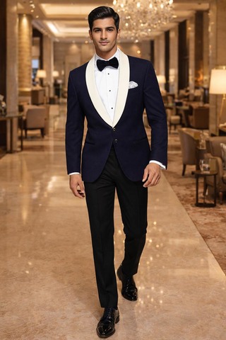 Blazer bleu marine casual col châle satin noir