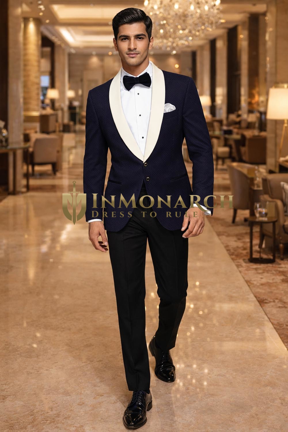 Blazer bleu marine casual col châle satin noir