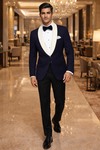 Blazer bleu marine casual col châle satin noir