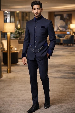 Blazer bleu col Nehru 6 boutons