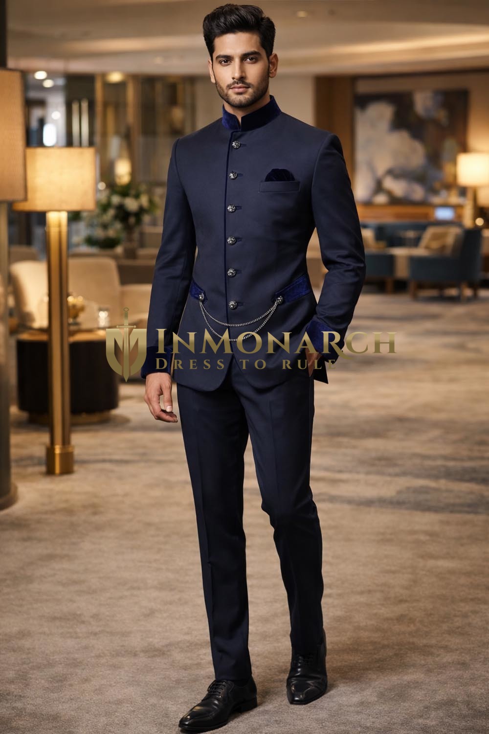 Mens Dark Navy Nehru Collar Slim Fit Suit 2 Pc Velvet Patch Detail