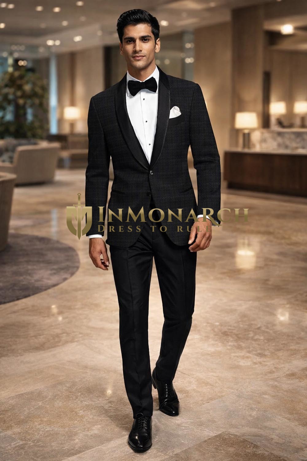 Mens Gray Check 2 Piece Shawl Collar Tuxedo Suit Formal Evening Attire