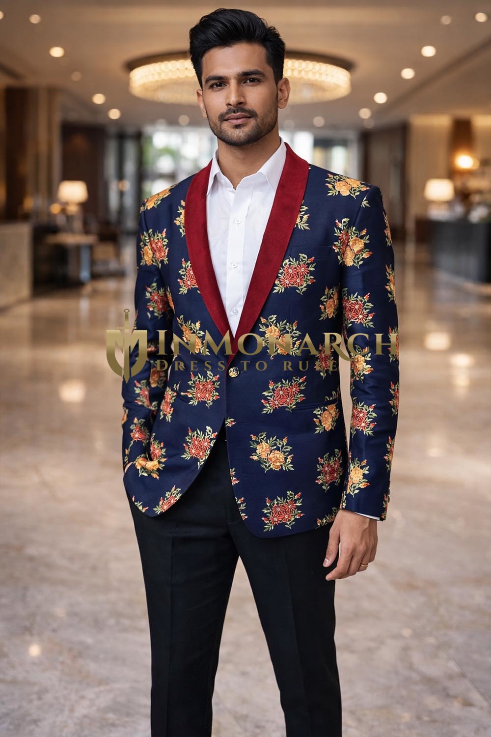 Blazer casual slim fit brodé bleu marine foncé