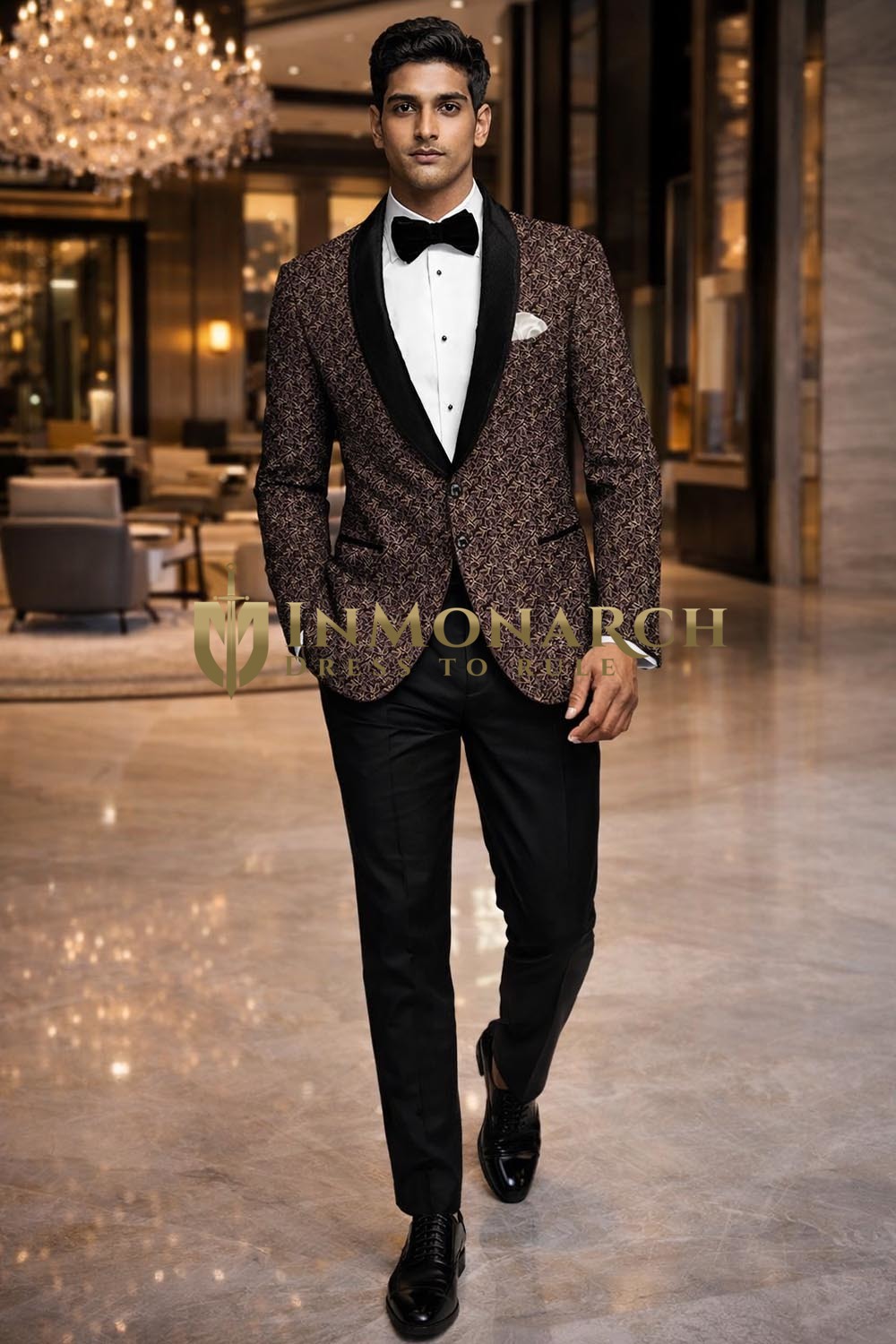 Blazer marron fleurs col châle noir