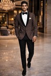 Blazer marron fleurs col châle noir