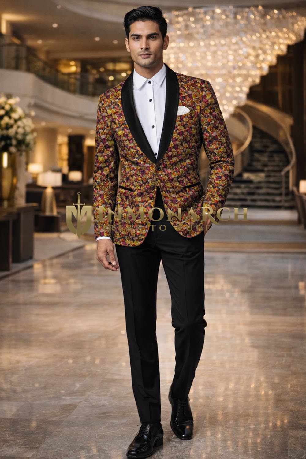 Mens Yellow Leaf 2 Piece Shawl Lapel Tuxedo Suit Party Wedding Wear