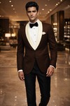 Mens Brown Velvet 2 Piece Shawl Collar Tuxedo Suit Formal Evening Wear