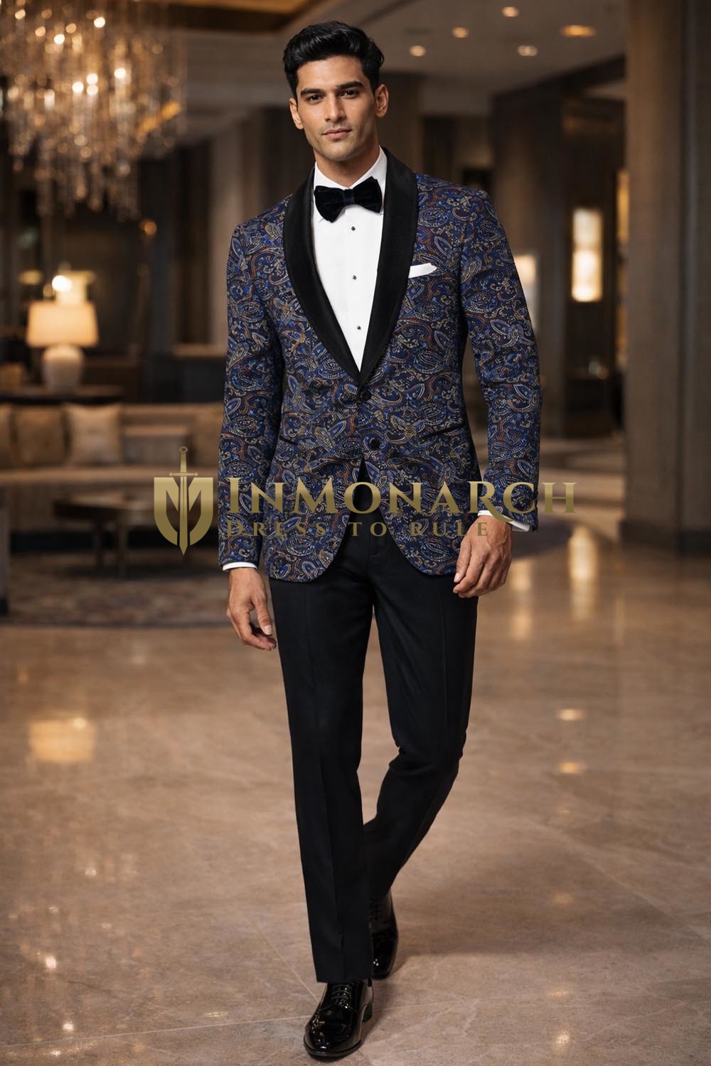 Mens Navy Paisley 2 Piece Shawl Collar Tuxedo Suit Evening Wear