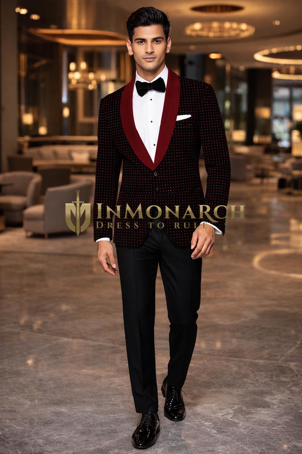 Mens Black Velvet 2 Piece Shawl Collar Tuxedo Suit Red Trim Party Wear