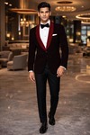 Mens Black Velvet 2 Piece Shawl Collar Tuxedo Suit Red Trim Party Wear