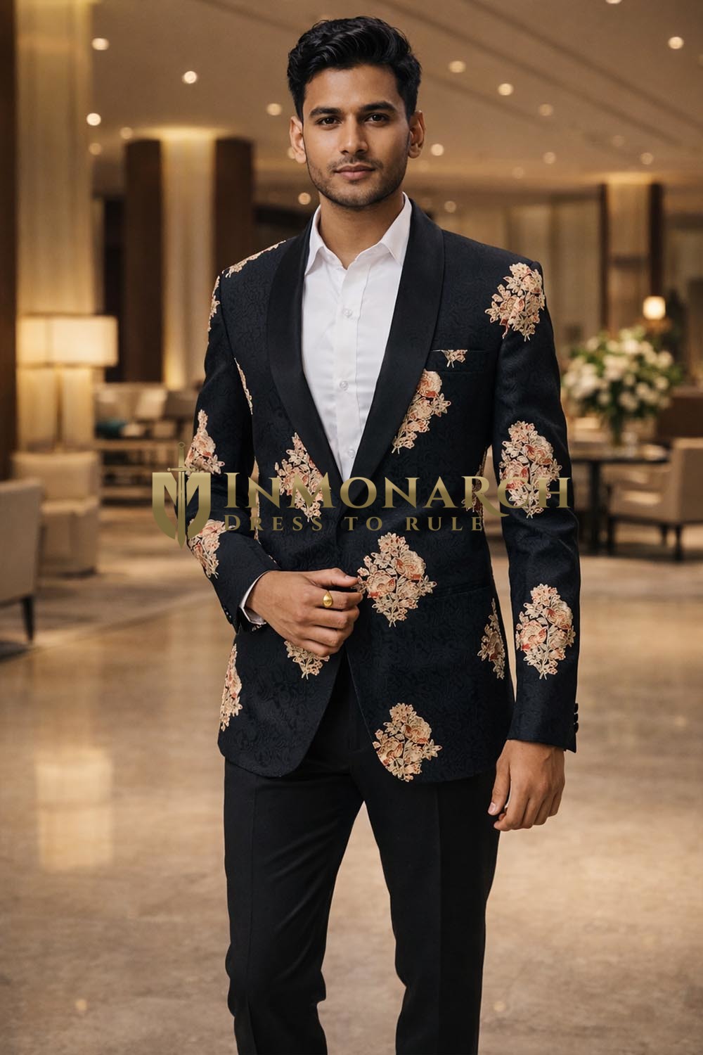 Mens Dark Gray Floral 2 Piece Shawl Collar Tuxedo Suit Party Wear