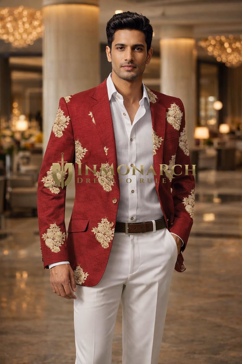 Blazer slim fit homme marron brodé deux boutons