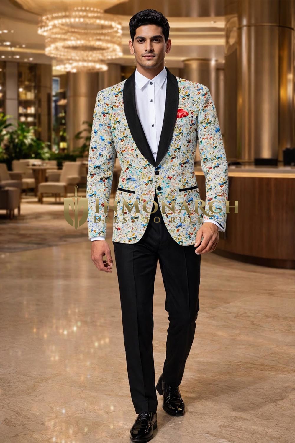 Mens Sky Blue Floral Shawl Lapel Tuxedo 2 Piece Suit Slim Fit Prom Wear