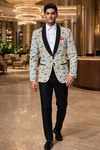 Mens Sky Blue Floral Shawl Lapel Tuxedo 2 Piece Suit Slim Fit Prom Wear