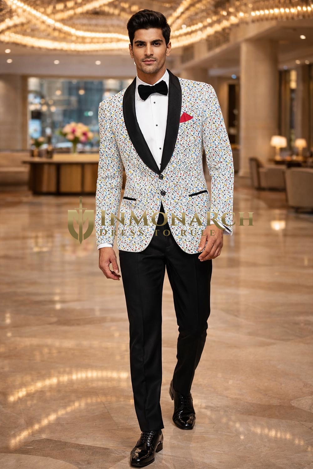 Mens Cream Multicolor Shawl Lapel Tuxedo 2 Piece Suit Slim Fit Gala Wear