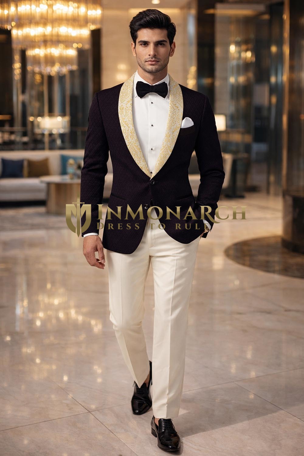 Mens Wine Velvet Shawl Lapel Tuxedo 2 Piece Suit Slim Fit Evening Wear