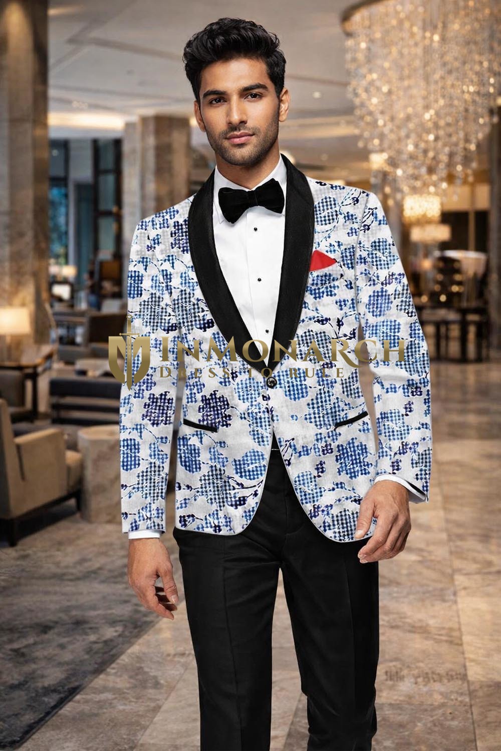 Mens White Blue Floral Shawl Lapel Tuxedo 2 Piece Suit Slim Fit Party Wear