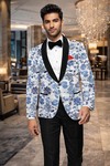 Mens White Blue Floral Shawl Lapel Tuxedo 2 Piece Suit Slim Fit Party Wear