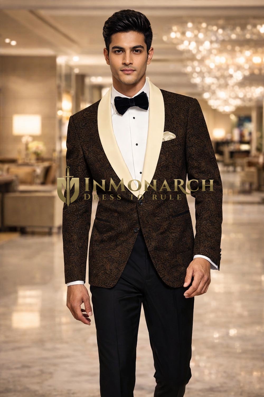 Mens Olive Paisley Velvet Shawl Lapel Tuxedo 2 Piece Suit Slim Fit Gala Wear