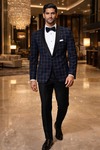 Mens Navy Windowpane Shawl Lapel Tuxedo 2 Piece Suit Slim Fit Evening Wear