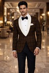 Mens Brown Windowpane Shawl Lapel Tuxedo 2 Piece Suit Slim Fit Groom Wear